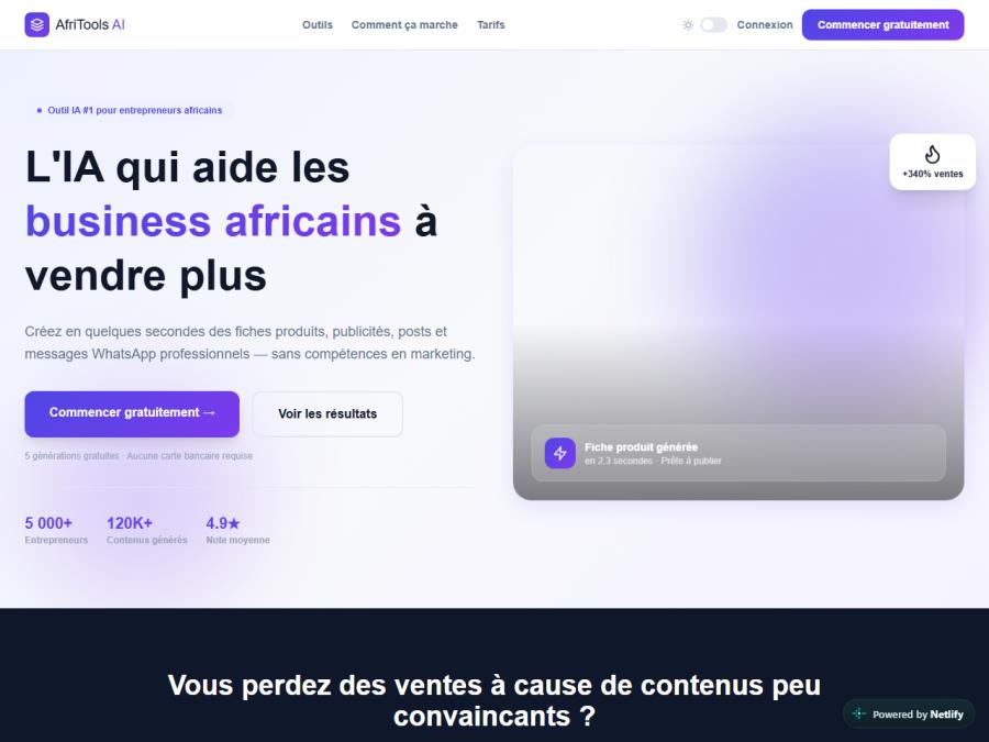 Aperçu de la plateforme AfriToolsAI de création de contenus avec IA